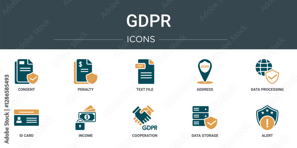 Poster set of 10 outline web gdpr icons such as consent, penalty, text file, address, data processing, id c