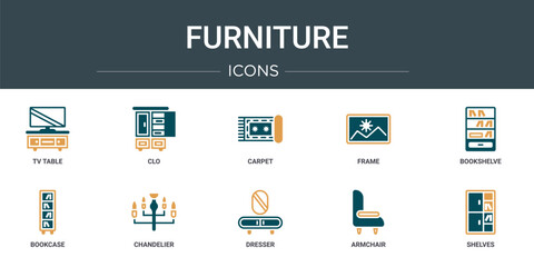set of 10 outline web furniture icons such as tv table, clo, carpet, frame, bookshelve, bookcase, chandelier vector icons for report, presentation, diagram, web design, mobile app