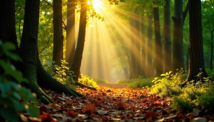 Obraz premium Golden light dappled on forest floor, leaves glowing , landscape, warm