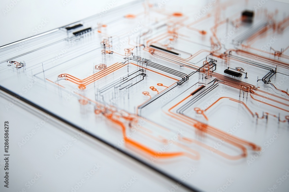 Poster abstract 3d rendering of a transparent circuit board with orange and black wiring, showcasing intric