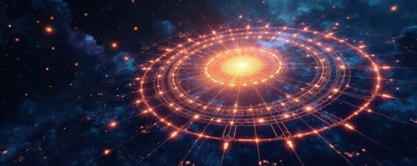 Intricate celestial wheel, constellations interconnected, radiating light , illustration, spiritual, wheel
