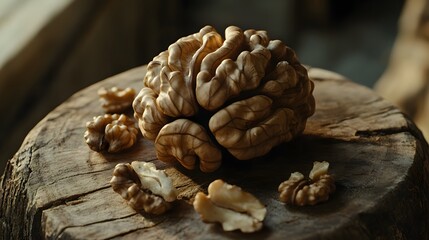 Fototapeta premium A close-up of a walnut on a rustic wooden surface, showcasing its intricate texture and natural color.
