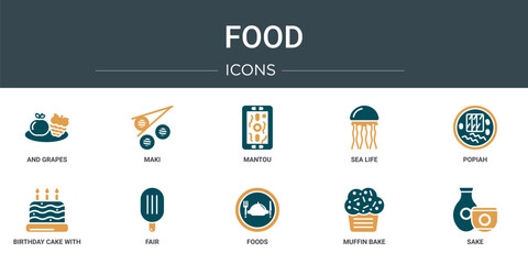 set of 10 outline web food icons such as and grapes, maki, mantou, sea life, popiah, birthday cake with candles, fair vector icons for report, presentation, diagram, web design, mobile app