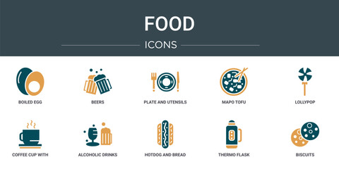 set of 10 outline web food icons such as boiled egg, beers, plate and utensils, mapo tofu, lollypop, coffee cup with steam, alcoholic drinks vector icons for report, presentation, diagram, web