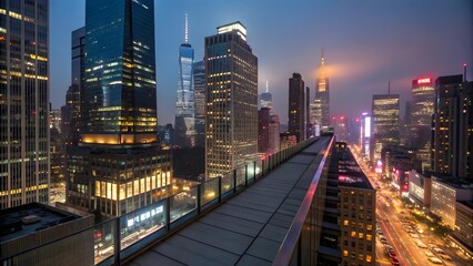 Modern City Skyline at Night from Rooftop, Urban Lights and Skyscrapers