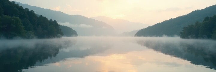 Misty morning lake; diffused light on rippling water, subtle reflections , diffused, clouds