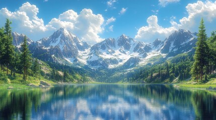 Fototapeta premium Alpine Lake Scenery Under Sunny Skies