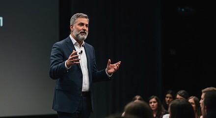 Man Giving Presentation to Audience in Dark Room Engaging Speaker