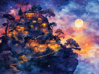 Obraz premium Dreamlike Village near Mountain