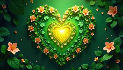 Radiant heart mandala, lush green floral swirls, ethereal glow , peace, positive, spiritual