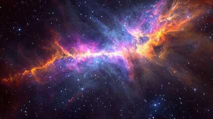 Naklejka premium A cosmic river of iridescent nebula gases flows between galaxies, connecting distant star clusters