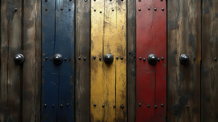 Obraz premium Colorful wooden doors with metal knobs create rustic and vibrant atmosphere