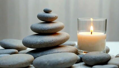 Obraz na płótnie Canvas Candle and Pebbles on Table for Calming Atmosphere