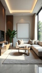 Sleek modern living room, neutral palette, abundant natural light, clean lines, simple