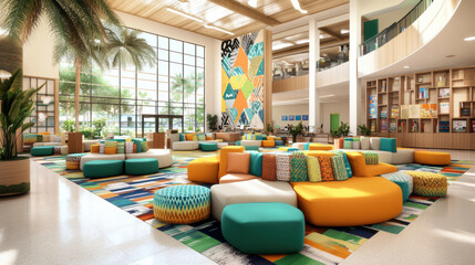 Wireless, Modern lounge area with colorful seating, vibrant decor, and large windows showcasing greenery.