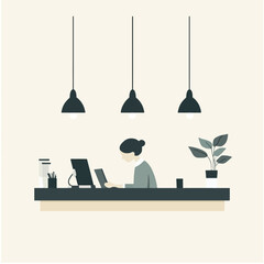 Woman Working at Desk with Computer and Plant