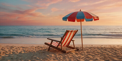 Beach sunset scene, golden hour beach illustration