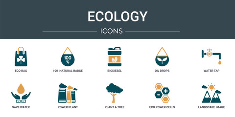 set of 10 outline web ecology icons such as eco bag, 100  natural badge, biodiesel, oil drops, water tap, save water, power plant vector icons for report, presentation, diagram, web design, mobile