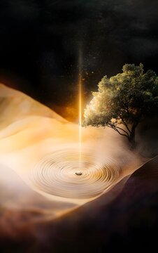 A mystical landscape featuring a glowing beam of light emerging from a tranquil pond, surrounded by serene nature and soft colors.