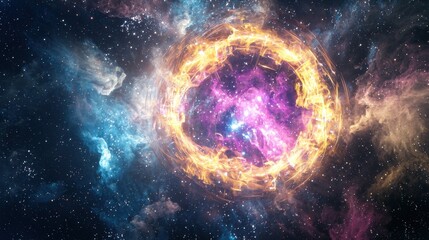 A futuristic energy reactor floating within a nebula, absorbing raw cosmic power