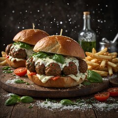 kofta beef sandwich dropping tahini A delicious cheeseburger with lettuce, tomato, and cheese on a rustic wooden table. homemade hamburger sandwich and french fries.