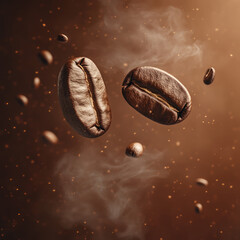 Floating coffee beans surrounded by steam and sparkles create surreal and aromatic atmosphere, highlighting rich texture and inviting aroma of freshly roasted coffee