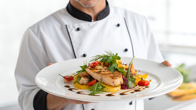 Professional Chef Holding Gourmet Seafood Dish in Restaurant Kitchen