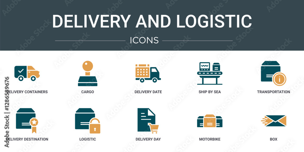 Poster set of 10 outline web delivery and logistic icons such as delivery containers, cargo, delivery date,