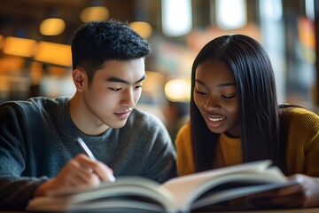 Two Multicultural are looking in a Book Together in a Warm Library Setting