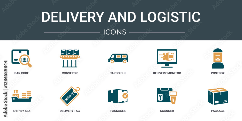 Poster set of 10 outline web delivery and logistic icons such as bar code, conveyor, cargo bus, delivery mo