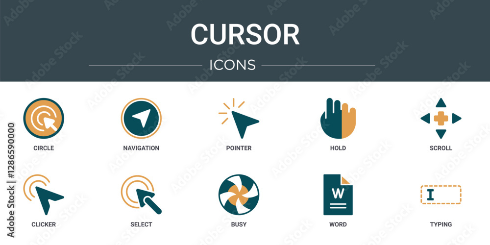 Poster set of 10 outline web cursor icons such as circle, navigation, pointer, hold, scroll, clicker, selec