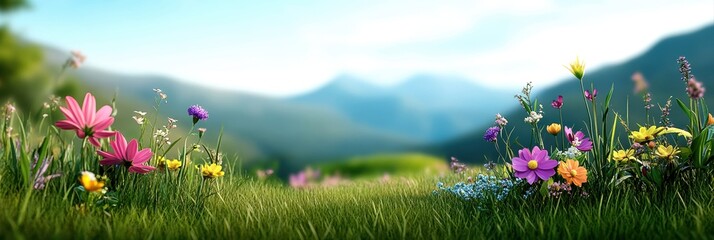 Vibrant Flower Field with Mountain Background Under Bright Blue Sky