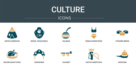 set of 10 outline web culture icons such as native american wigwam, brazil team shield, kalabas, female bikini piece, steamed bread, beijing roast duck, kokoshnik vector icons for report, © Digital Bazaar