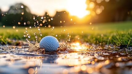 A Golf Ball Is Splashing Into A Water Puddle On Grass