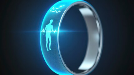 Glowing Blue Digital Human Figure on Silver Futuristic Ring