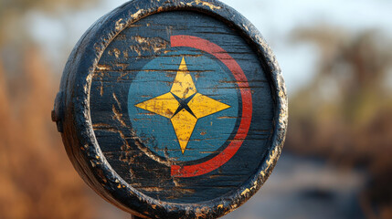 Wooden sign featuring colorful star emblem on textured surface, evoking sense of adventure and exploration
