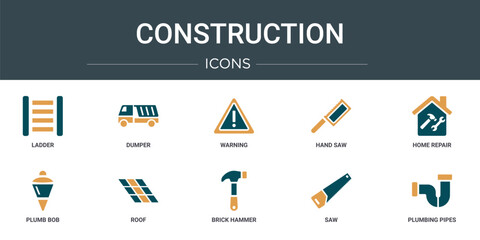set of 10 outline web construction icons such as ladder, dumper, warning, hand saw, home repair, plumb bob, roof vector icons for report, presentation, diagram, web design, mobile app