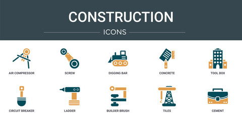 set of 10 outline web construction icons such as air compressor, screw, digging bar, concrete, tool box, circuit breaker, ladder vector icons for report, presentation, diagram, web design, mobile