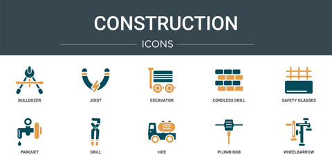 set of 10 outline web construction icons such as bulldozer, joist, excavator, cordless drill, safety glasses, parquet, drill vector icons for report, presentation, diagram, web design, mobile app