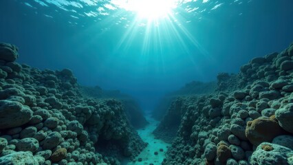 Fototapeta premium Underwater view of bleached coral reef with deep crevice and sun rays filtering through clear water 