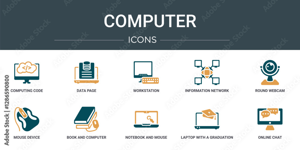 Poster set of 10 outline web computer icons such as computing code, data page, workstation, information net