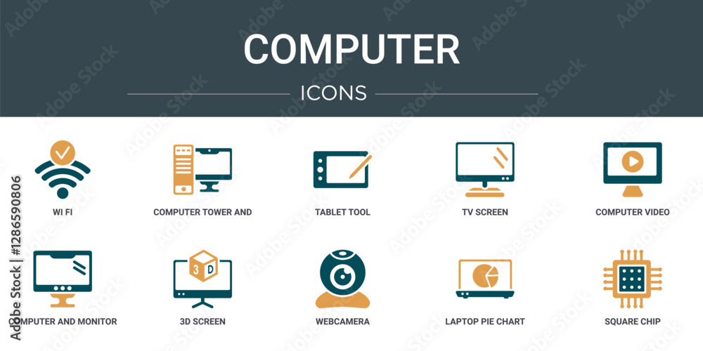 Poster set of 10 outline web computer icons such as wi fi, computer tower and the monitor, tablet tool, tv 
