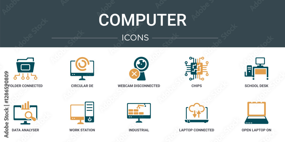 Poster set of 10 outline web computer icons such as folder connected circuit, circular de, webcam disconnec
