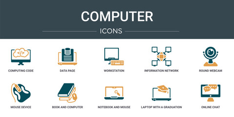Obraz premium set of 10 outline web computer icons such as computing code, data page, workstation, information network, round webcam, mouse device, book and computer mouse vector icons for report, presentation,