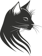 Black silhouette illustration of a cat's head with elegant lines.