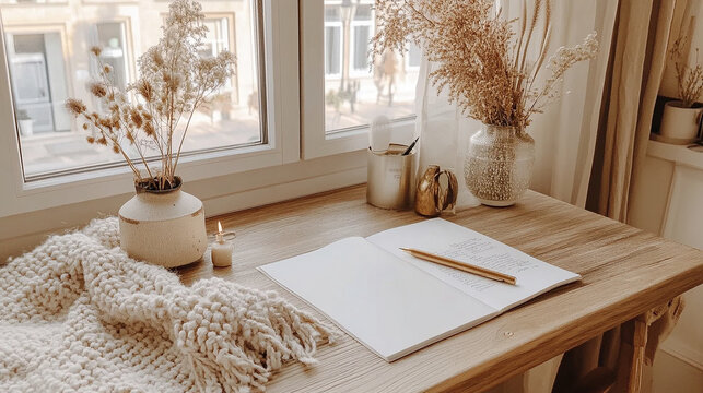 Cozy Workspace Still Life. A bright and cozy workspace with a notebook, pencil, blanket, and decorative vases filled with dried flowers next to a window.