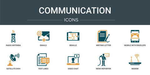 set of 10 outline web communication icons such as radio antenna, emails, braille, writing letter, mobile with envelope, satellite dish, text lines vector icons for report, presentation, diagram, web