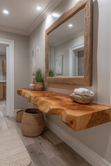 Photographie immobilière d’une entrée moderne avec une console en bois suspendue, grand miroir décoratif, tableau, éclairage encastré doux et plantes