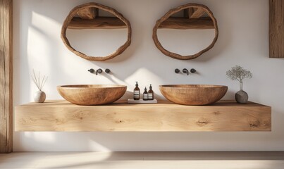 Rustic bathroom double sink vanity, natural wood, minimalist design