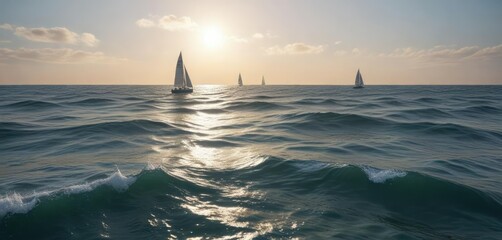 Wavy ocean surface with a few sailboats on the horizon, sailboat, horizon, waves